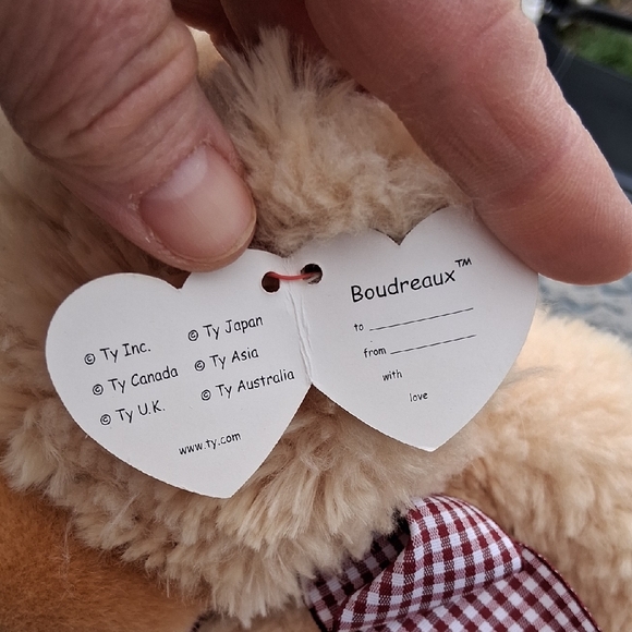 TY Classic Beige Plush Teddy Bear with Checkered Bow - Picture 4 of 8